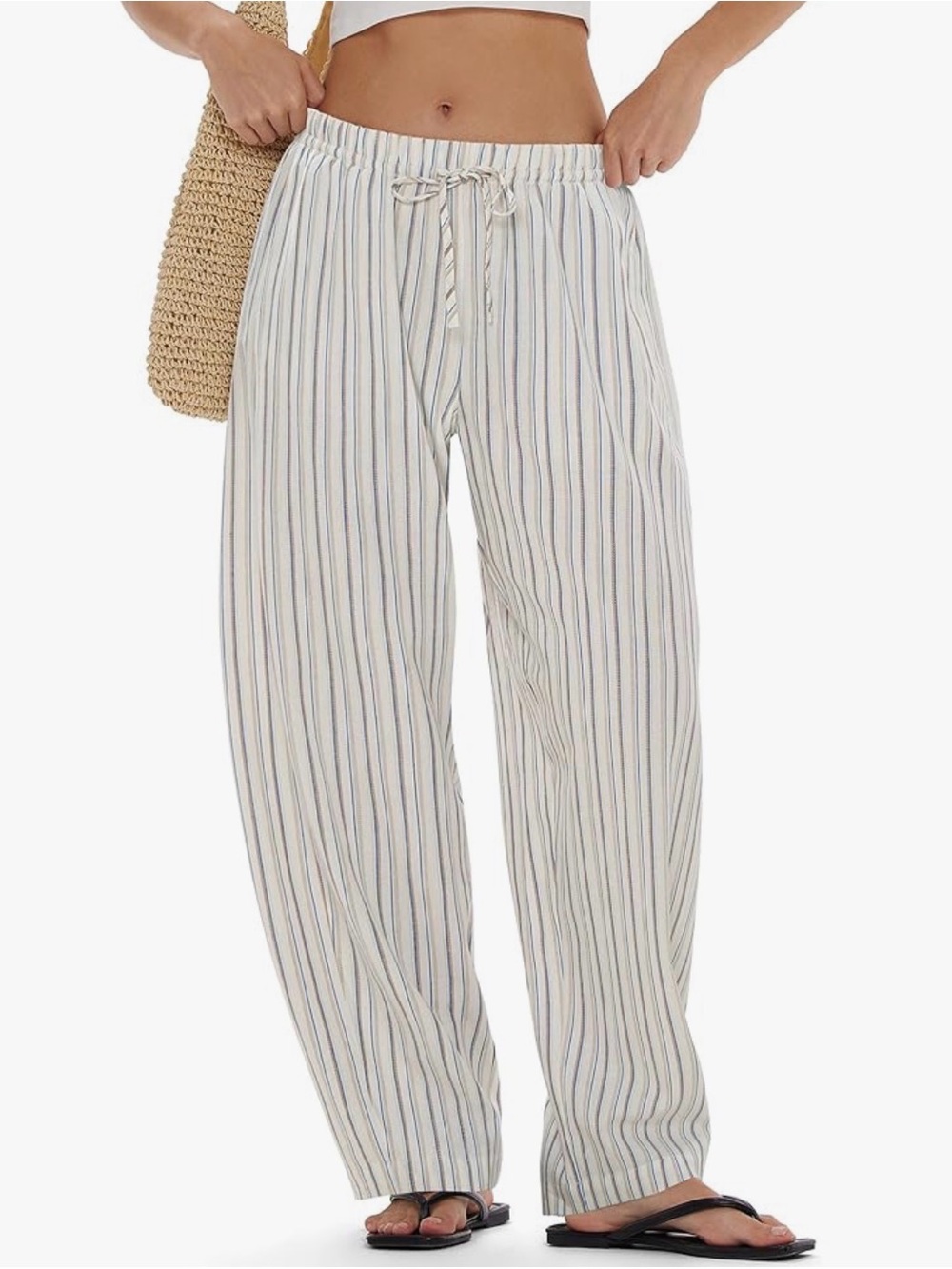 Amazon Striped Wide-Leg Lounge Pants - White with Blue Stripes